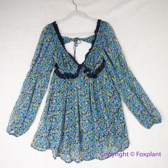 New! Free People Pennie Floral Print Ruffle Long Sleeve Mini Dress, size XS - Picture 4 of 16